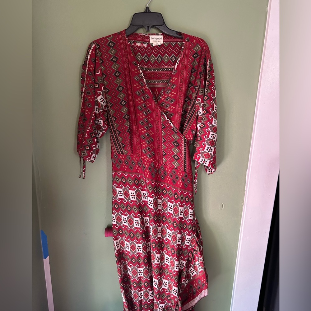 Red and White Asymmetrical Wrap Dress with Dolman Sleeves